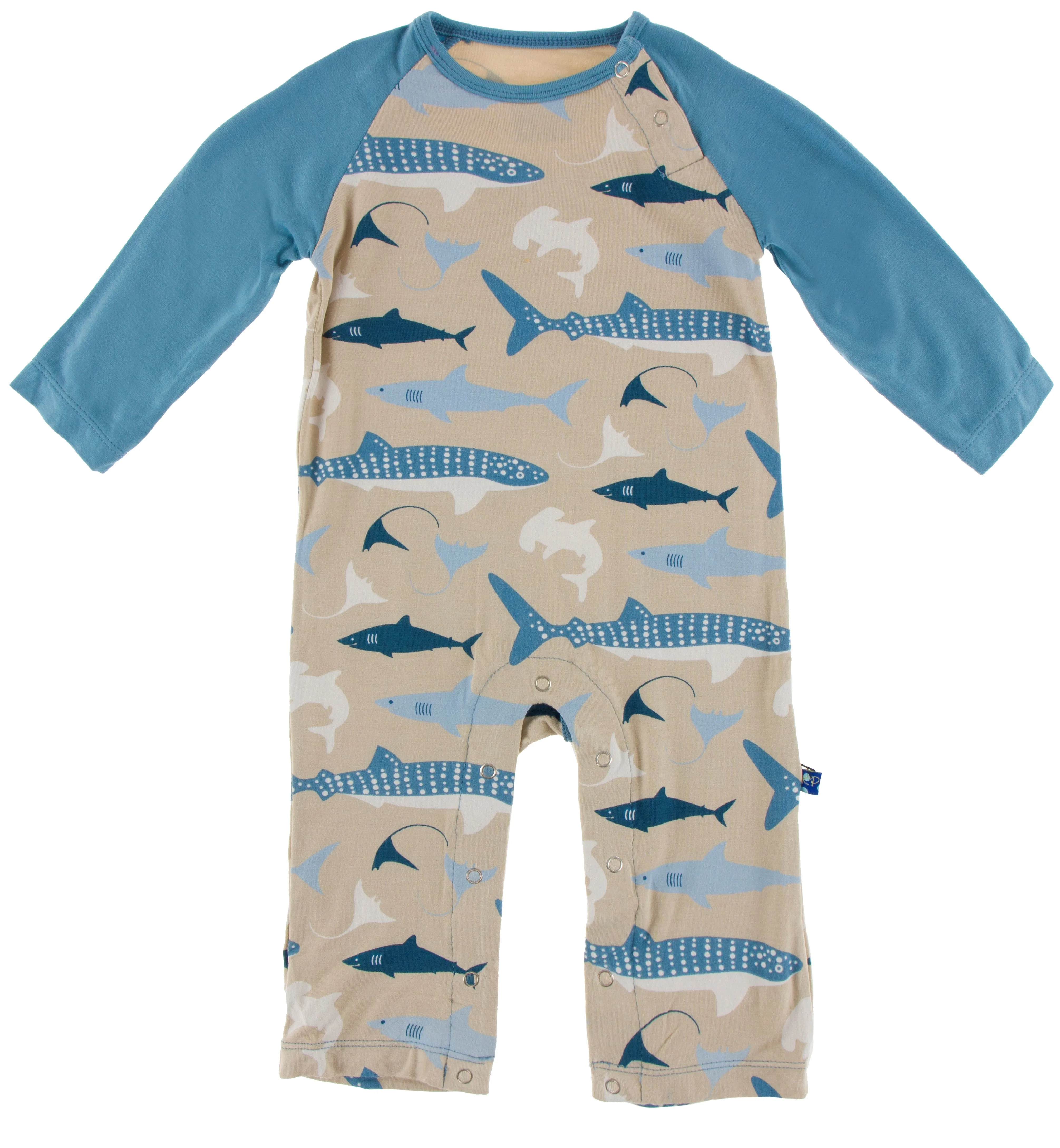 KicKee Pants Burlap Sharks Raglan Romper