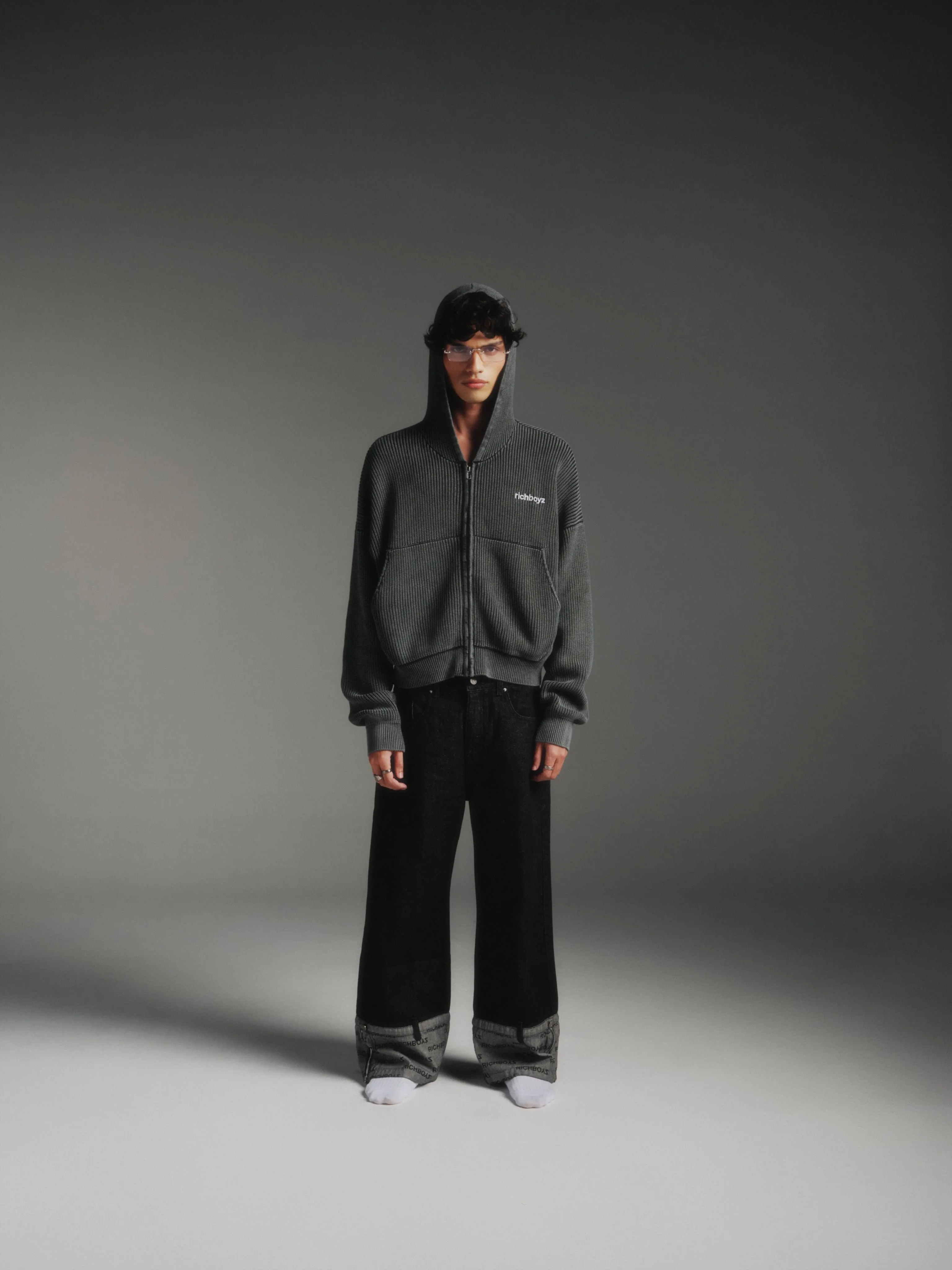 Knitted Full Zip Box Hoodie - Shadow