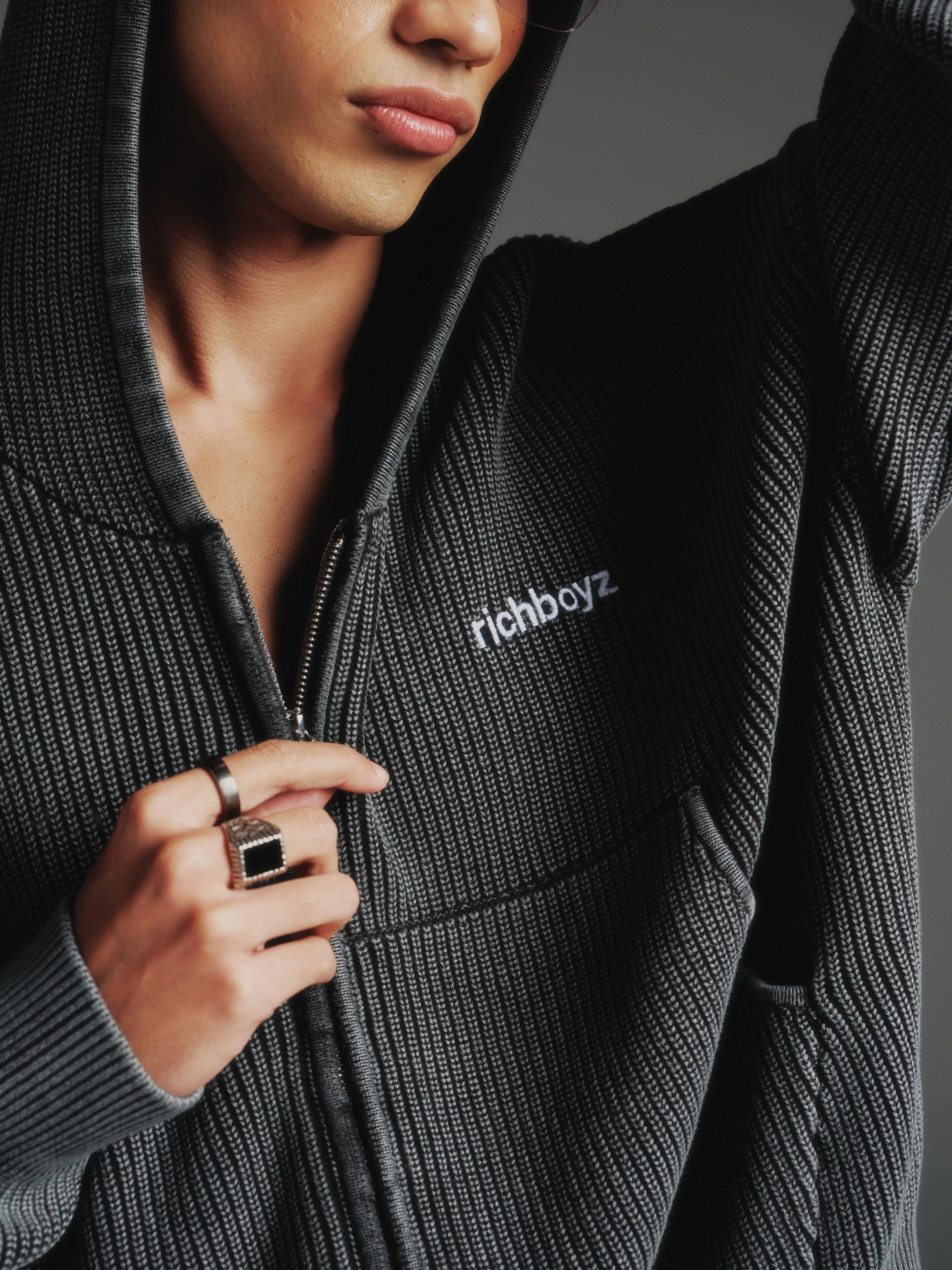 Knitted Full Zip Box Hoodie - Shadow