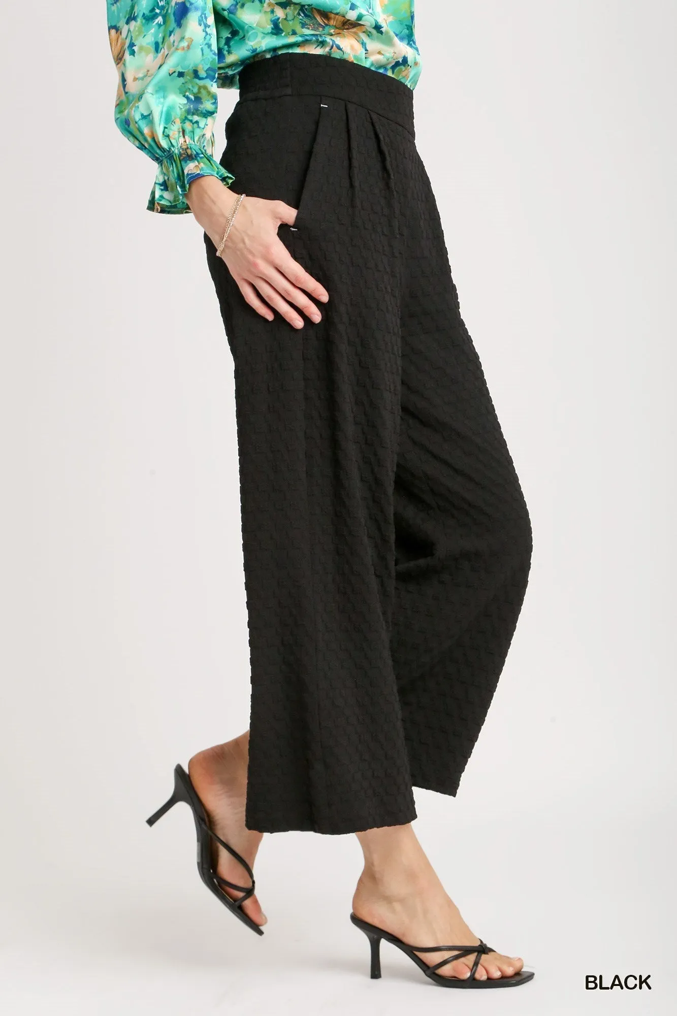 Kyla Square Jacquard Wide Fit Pants with Pleats & Elastic Waistband In Black