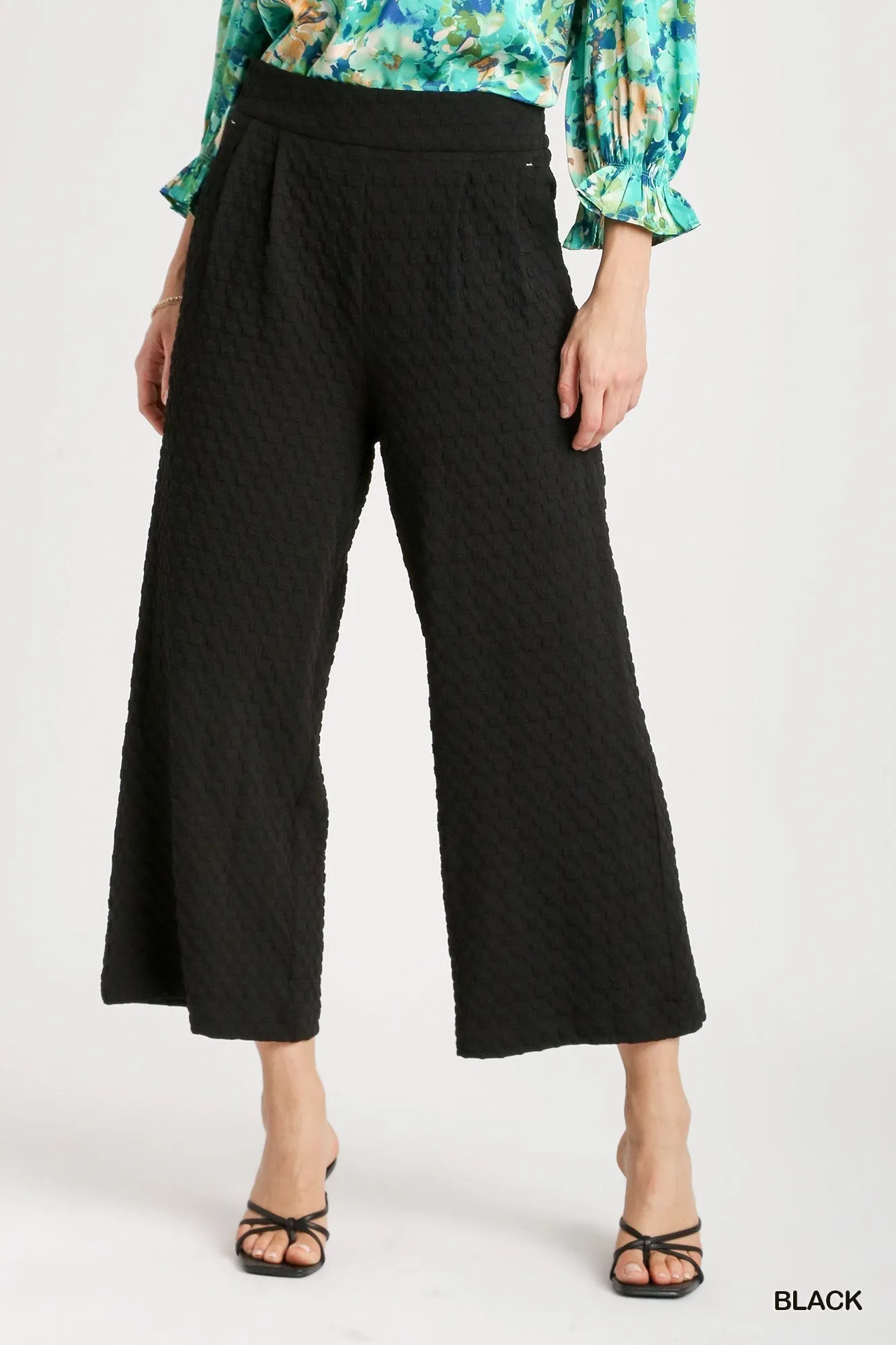 Kyla Square Jacquard Wide Fit Pants with Pleats & Elastic Waistband In Black
