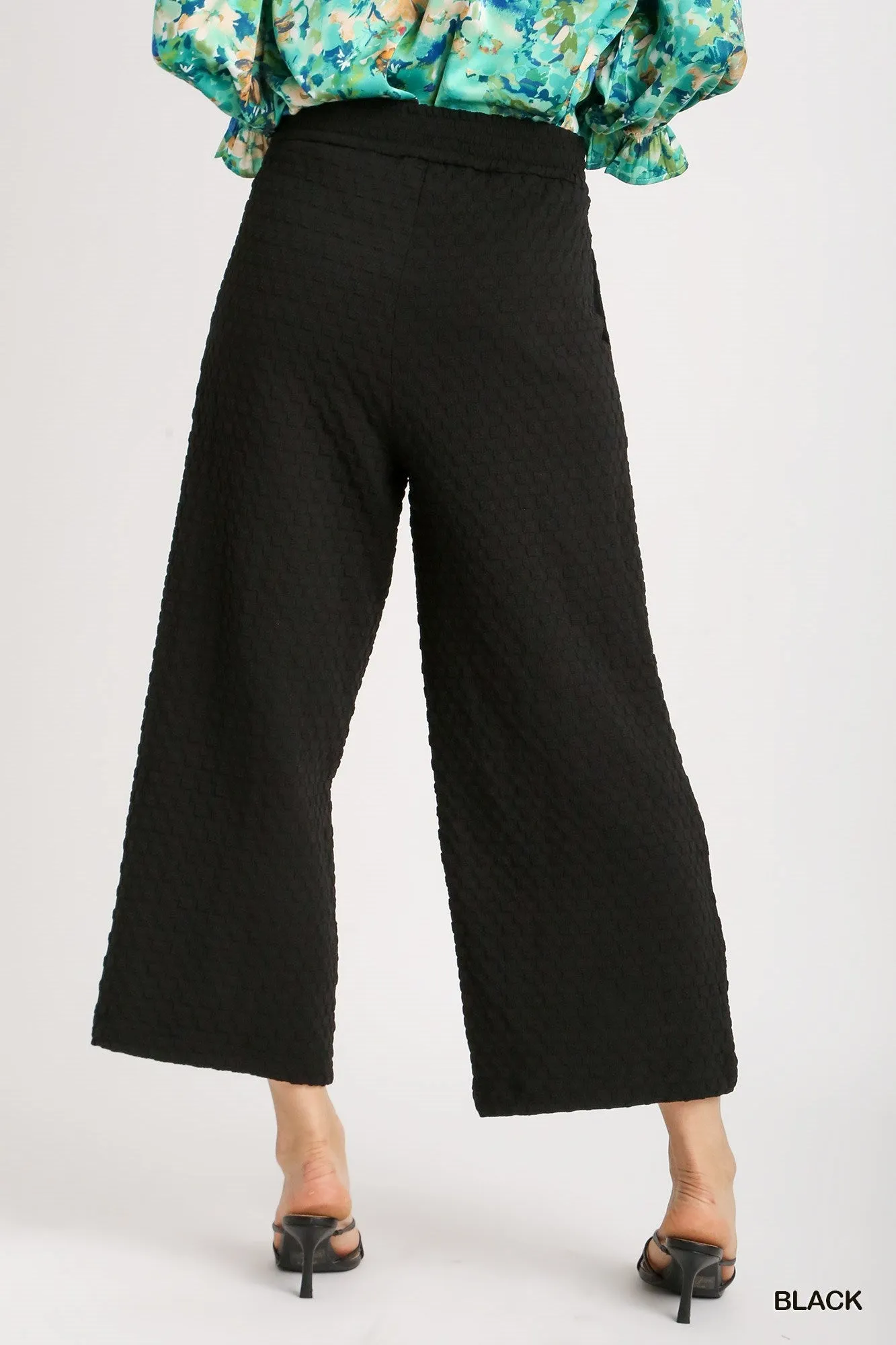 Kyla Square Jacquard Wide Fit Pants with Pleats & Elastic Waistband In Black