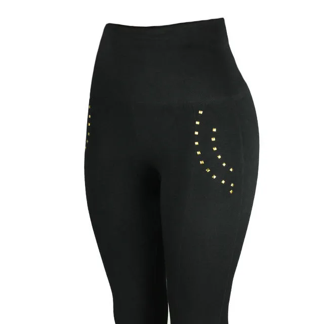 Leggings Zipper Button Hot Drilling High Waist Hip Lift Abdominal Pants