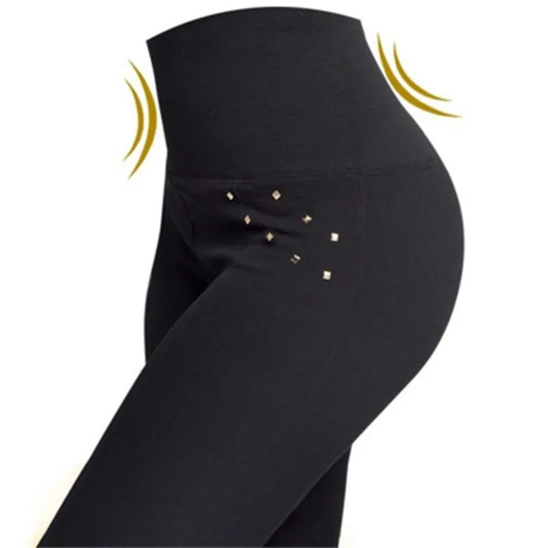 Leggings Zipper Button Hot Drilling High Waist Hip Lift Abdominal Pants