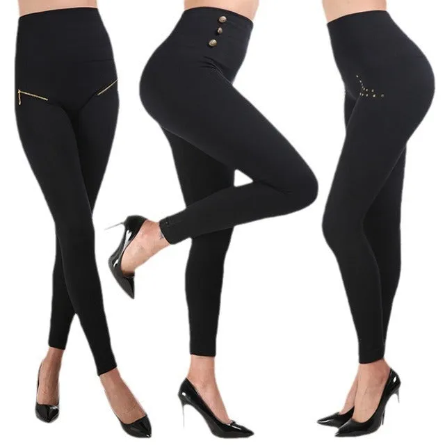 Leggings Zipper Button Hot Drilling High Waist Hip Lift Abdominal Pants