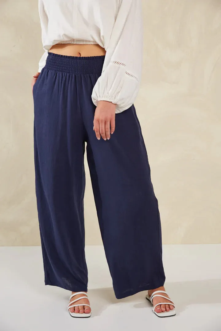 Linen Blend Wide Leg Pants - Navy