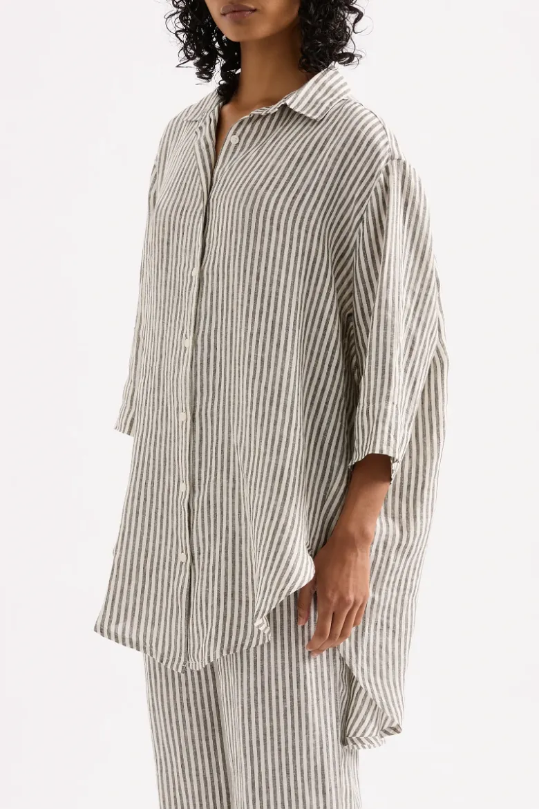 Lounge Stripe Linen Long Shirt Blk