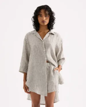 Lounge Stripe Linen Long Shirt Blk