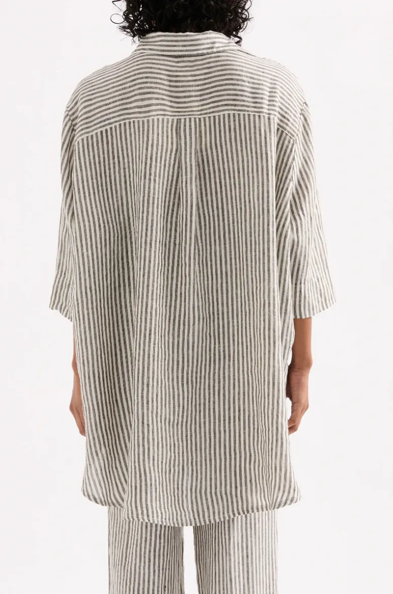 Lounge Stripe Linen Long Shirt Blk