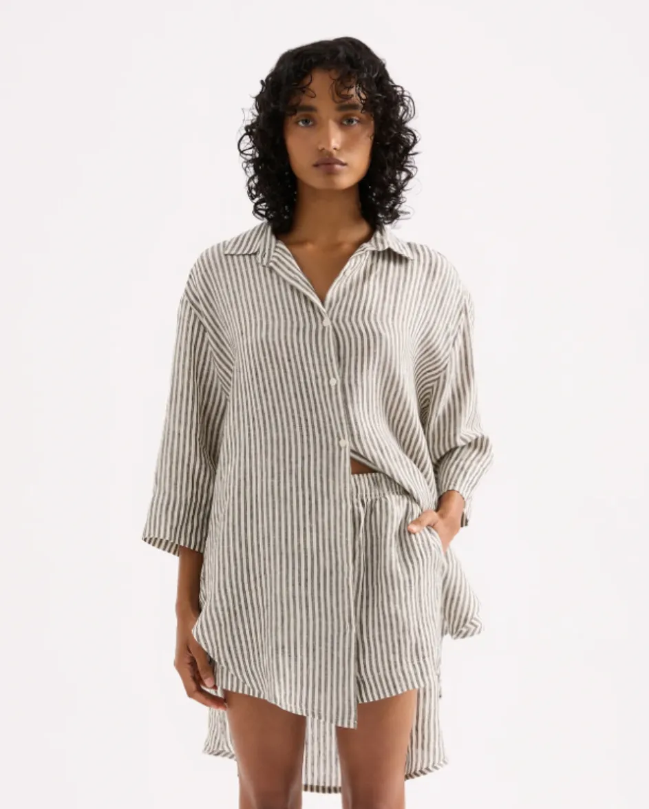 Lounge Stripe Linen Long Shirt Blk