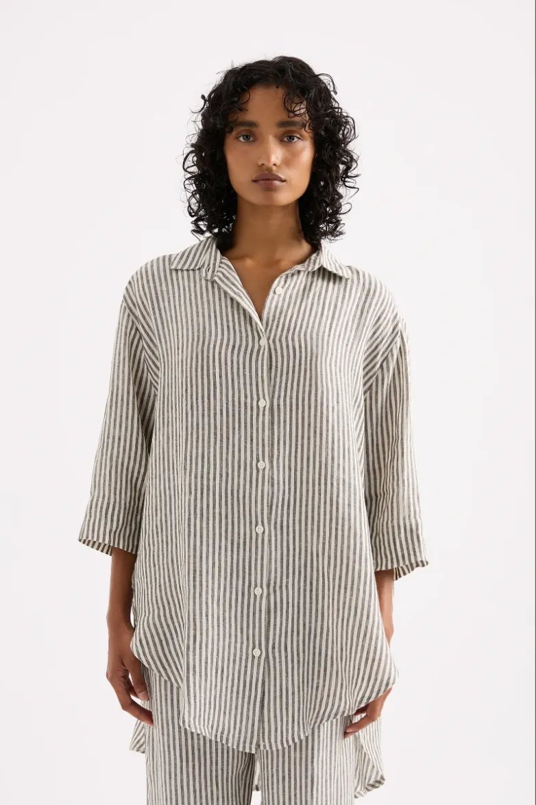 Lounge Stripe Linen Long Shirt Blk