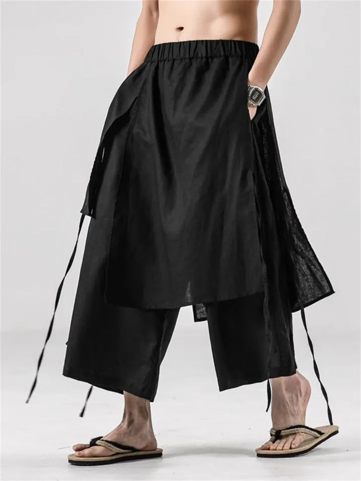 Men's Black Divided Skirt Loose Wide-Leg Pants