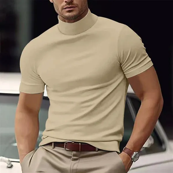 MEN'S SOLID COLOR HALF TURTLE NECK SLIM FIT SHORT SLEEVE T-SHIRT
