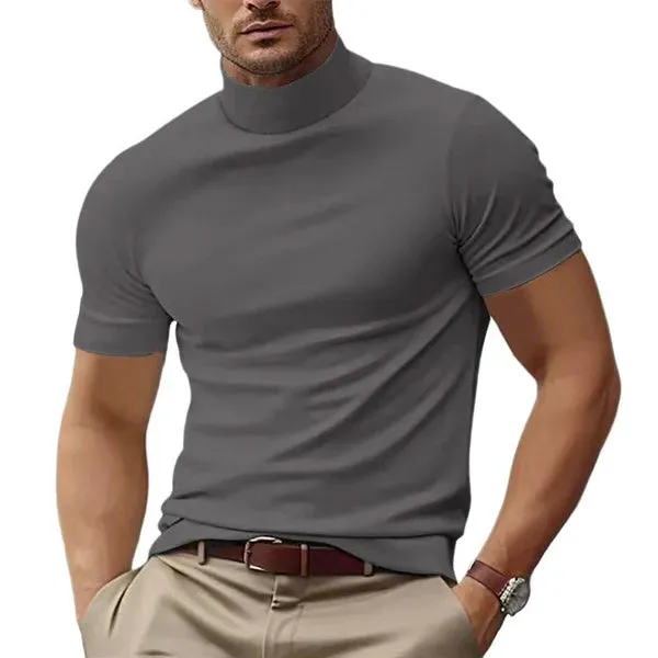 MEN'S SOLID COLOR HALF TURTLE NECK SLIM FIT SHORT SLEEVE T-SHIRT