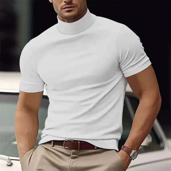 MEN'S SOLID COLOR HALF TURTLE NECK SLIM FIT SHORT SLEEVE T-SHIRT