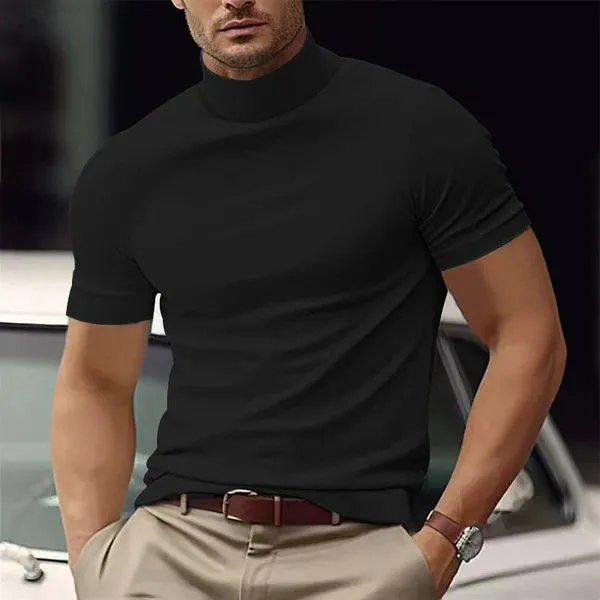 MEN'S SOLID COLOR HALF TURTLE NECK SLIM FIT SHORT SLEEVE T-SHIRT