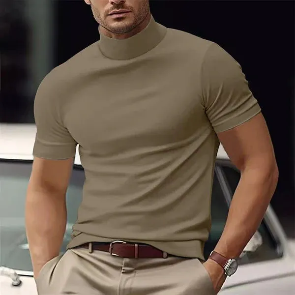 MEN'S SOLID COLOR HALF TURTLE NECK SLIM FIT SHORT SLEEVE T-SHIRT