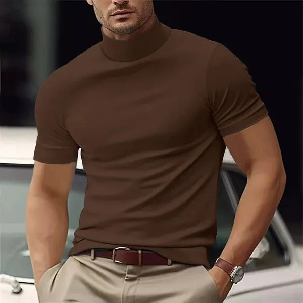MEN'S SOLID COLOR HALF TURTLE NECK SLIM FIT SHORT SLEEVE T-SHIRT