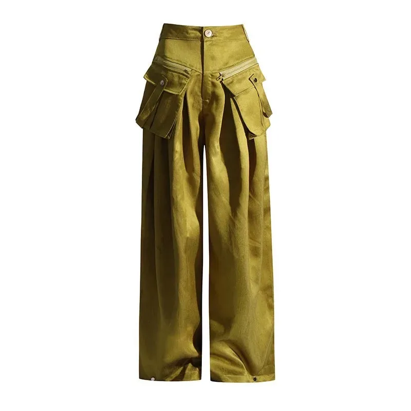 Metallic Olive Green Wide Leg Pants