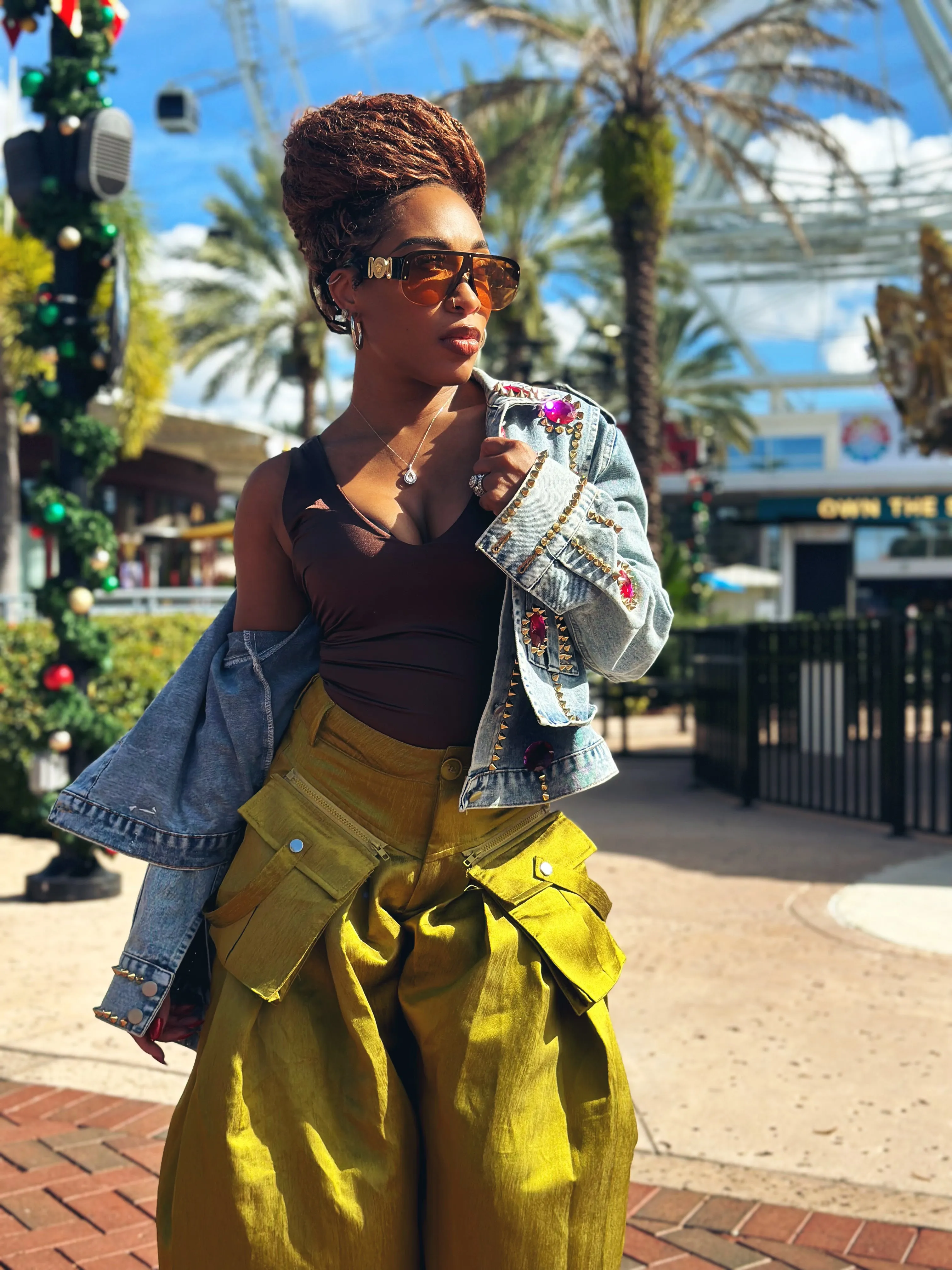 Metallic Olive Green Wide Leg Pants