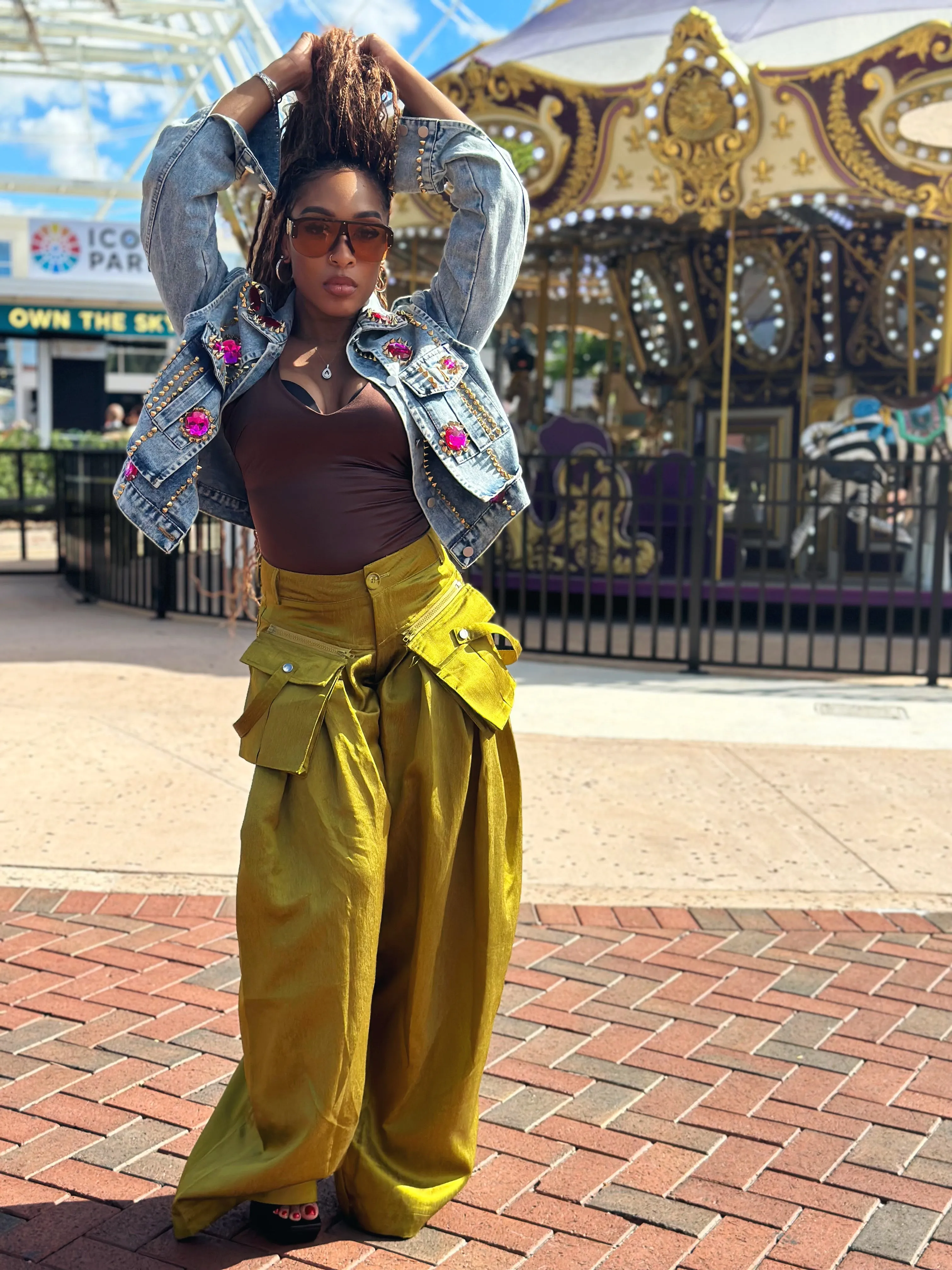 Metallic Olive Green Wide Leg Pants