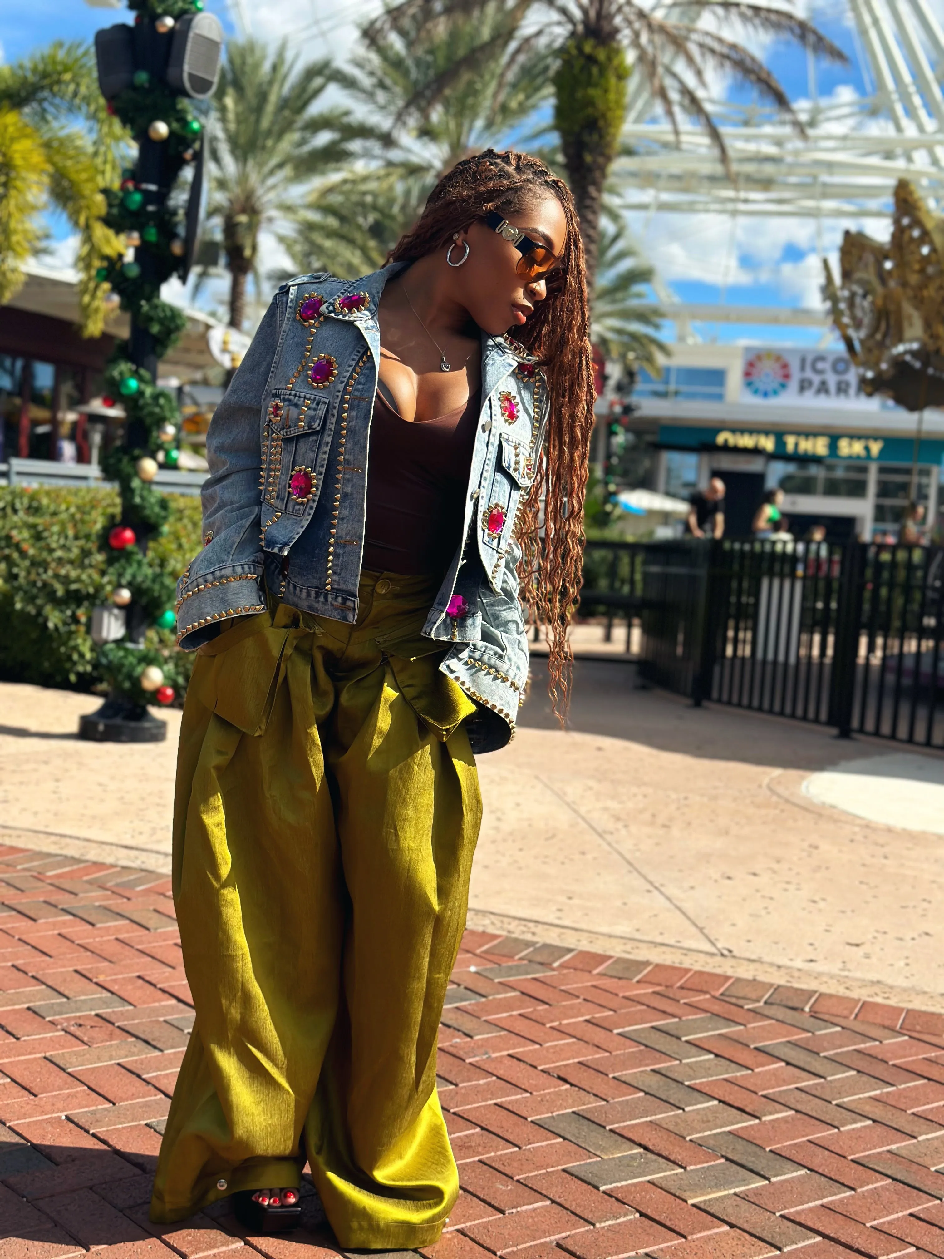 Metallic Olive Green Wide Leg Pants
