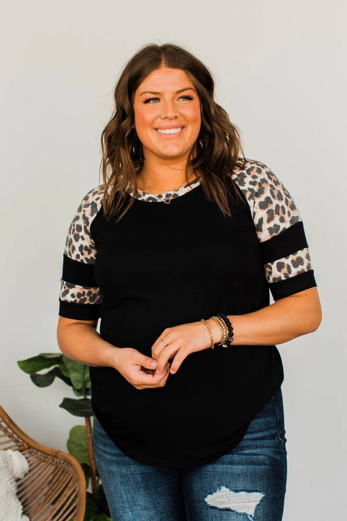 Midnight Retreat Short Sleeve Top- Black & Leopard