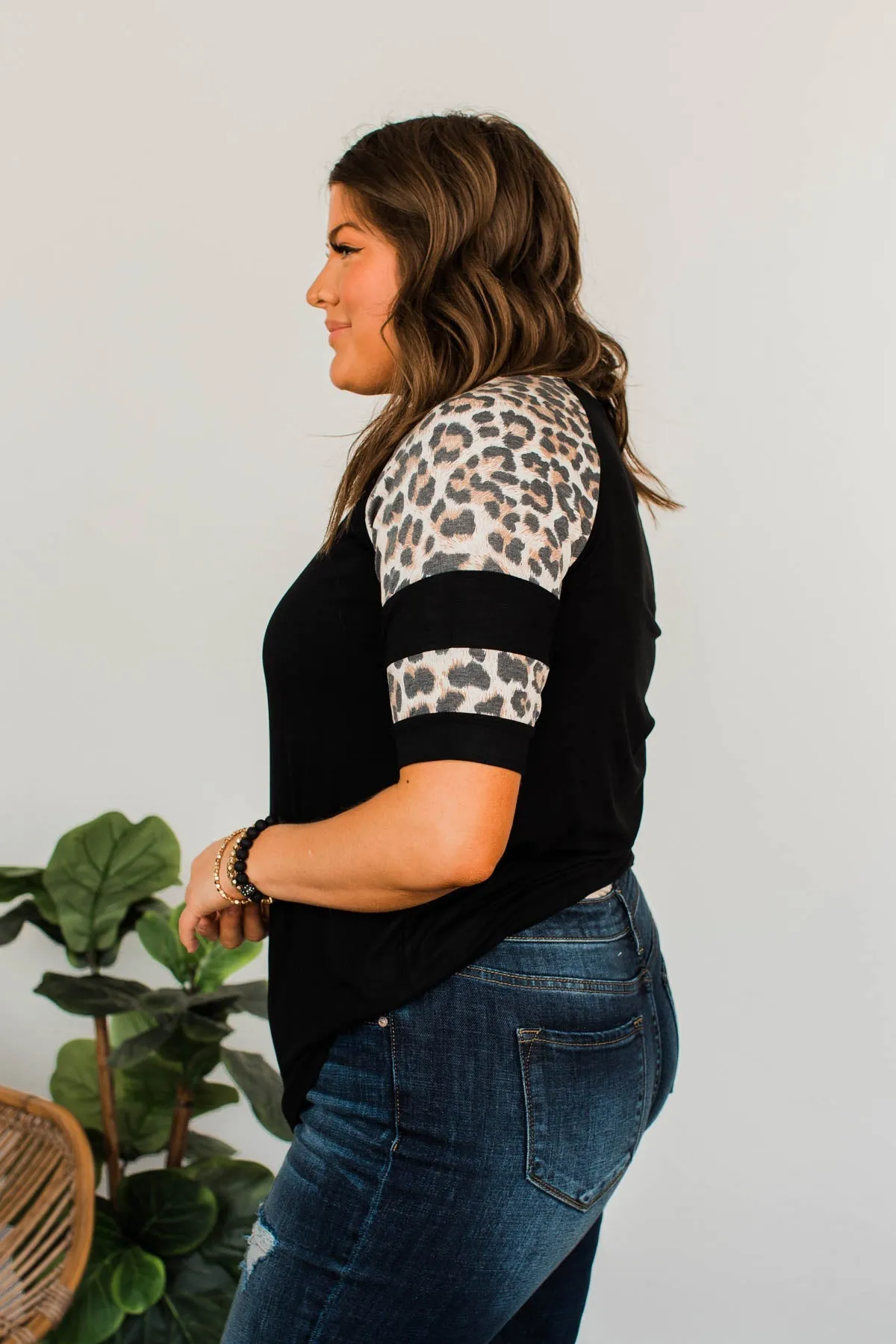 Midnight Retreat Short Sleeve Top- Black & Leopard
