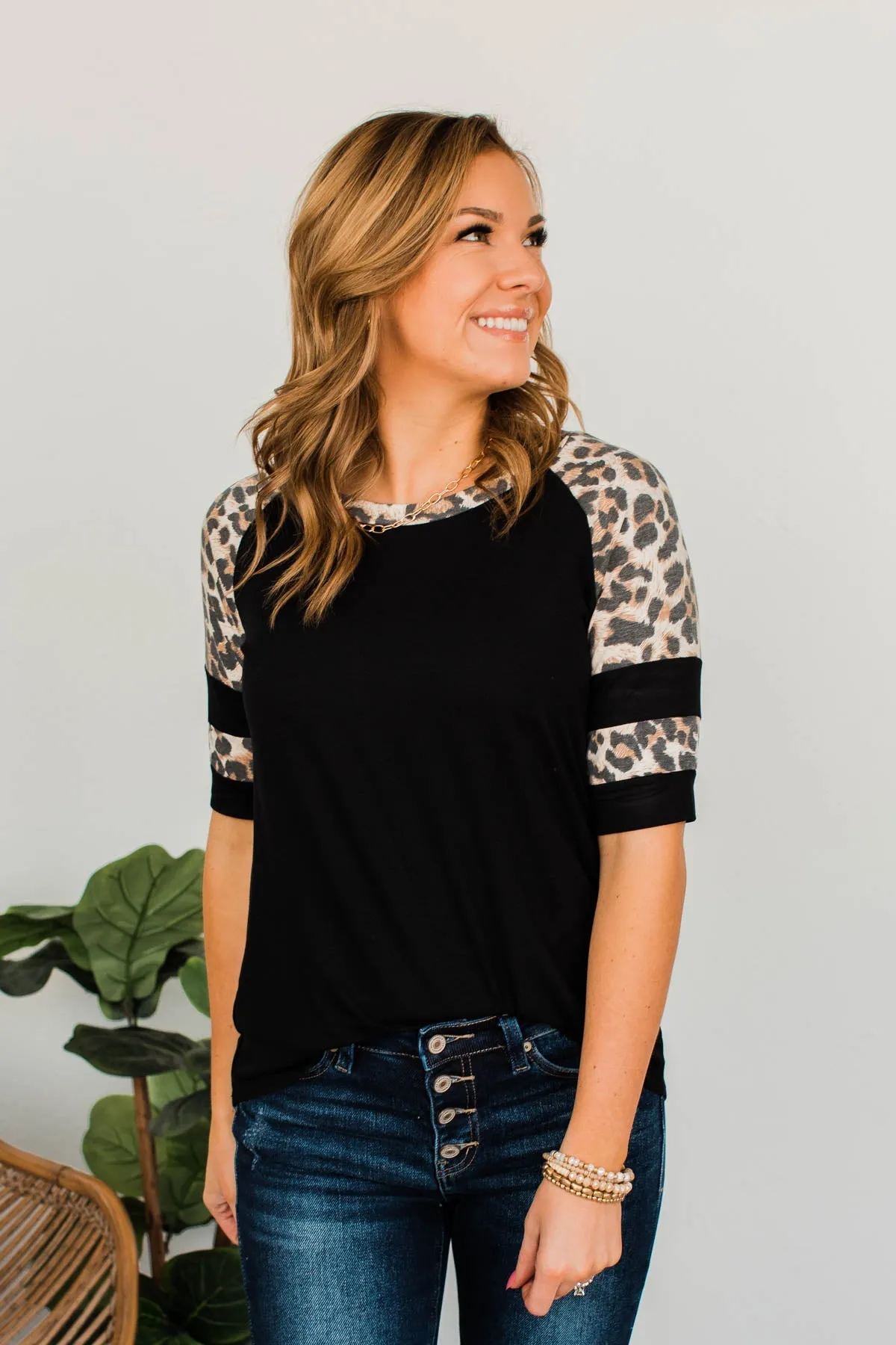 Midnight Retreat Short Sleeve Top- Black & Leopard