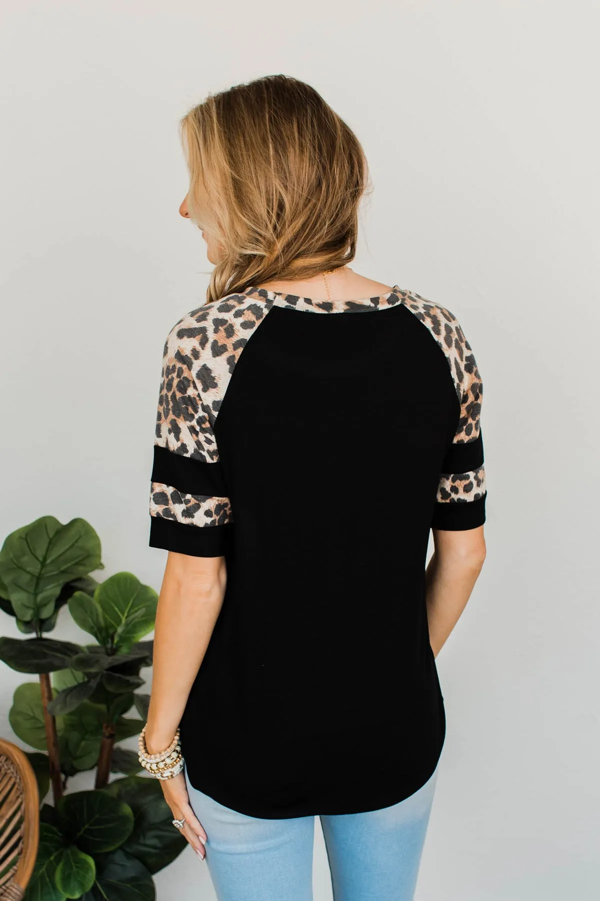 Midnight Retreat Short Sleeve Top- Black & Leopard