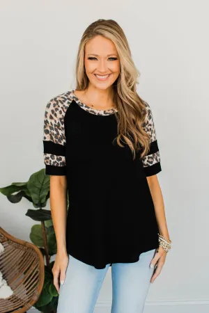 Midnight Retreat Short Sleeve Top- Black & Leopard