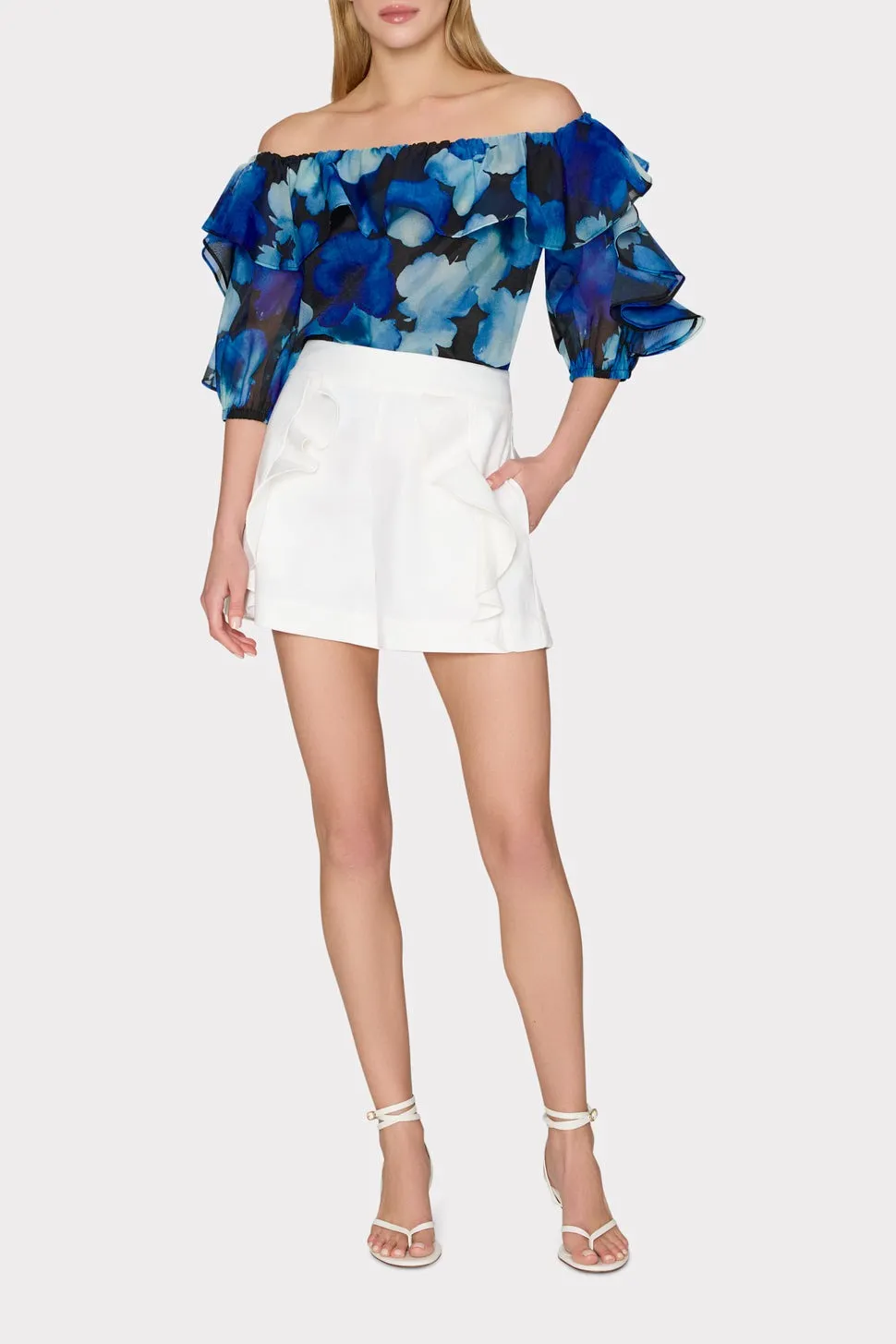 Milly Watercolor Petal Organza Ruffle Top in Blue Multi