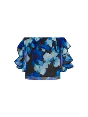 Milly Watercolor Petal Organza Ruffle Top in Blue Multi
