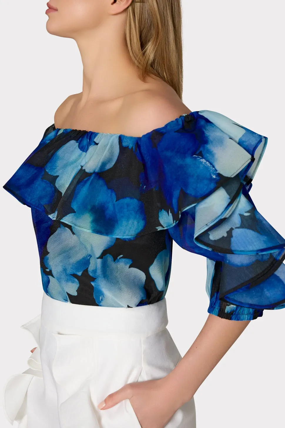 Milly Watercolor Petal Organza Ruffle Top in Blue Multi