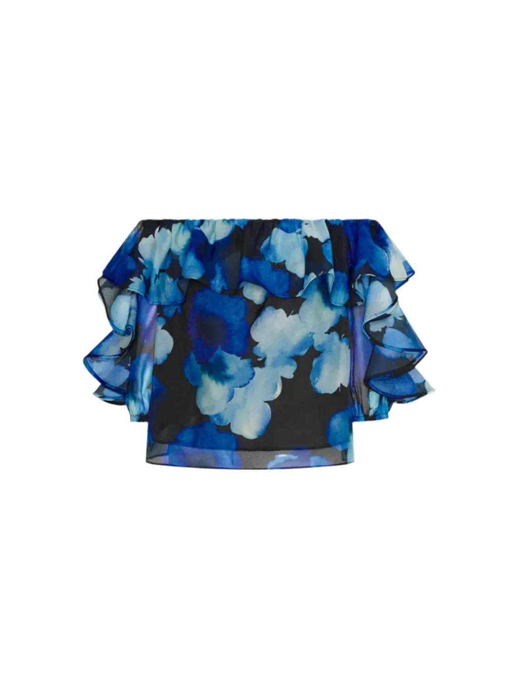 Milly Watercolor Petal Organza Ruffle Top in Blue Multi