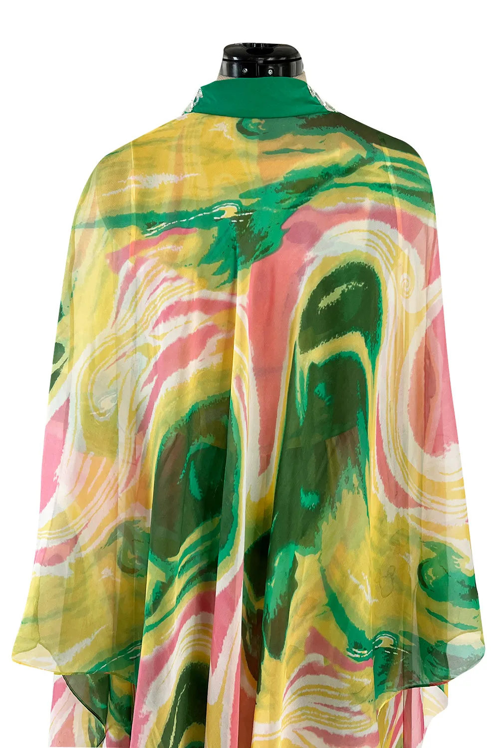 More Recent Unlabeled Vintage Flowing Silk Chiffon Jumpsuit in Pinks & Greens