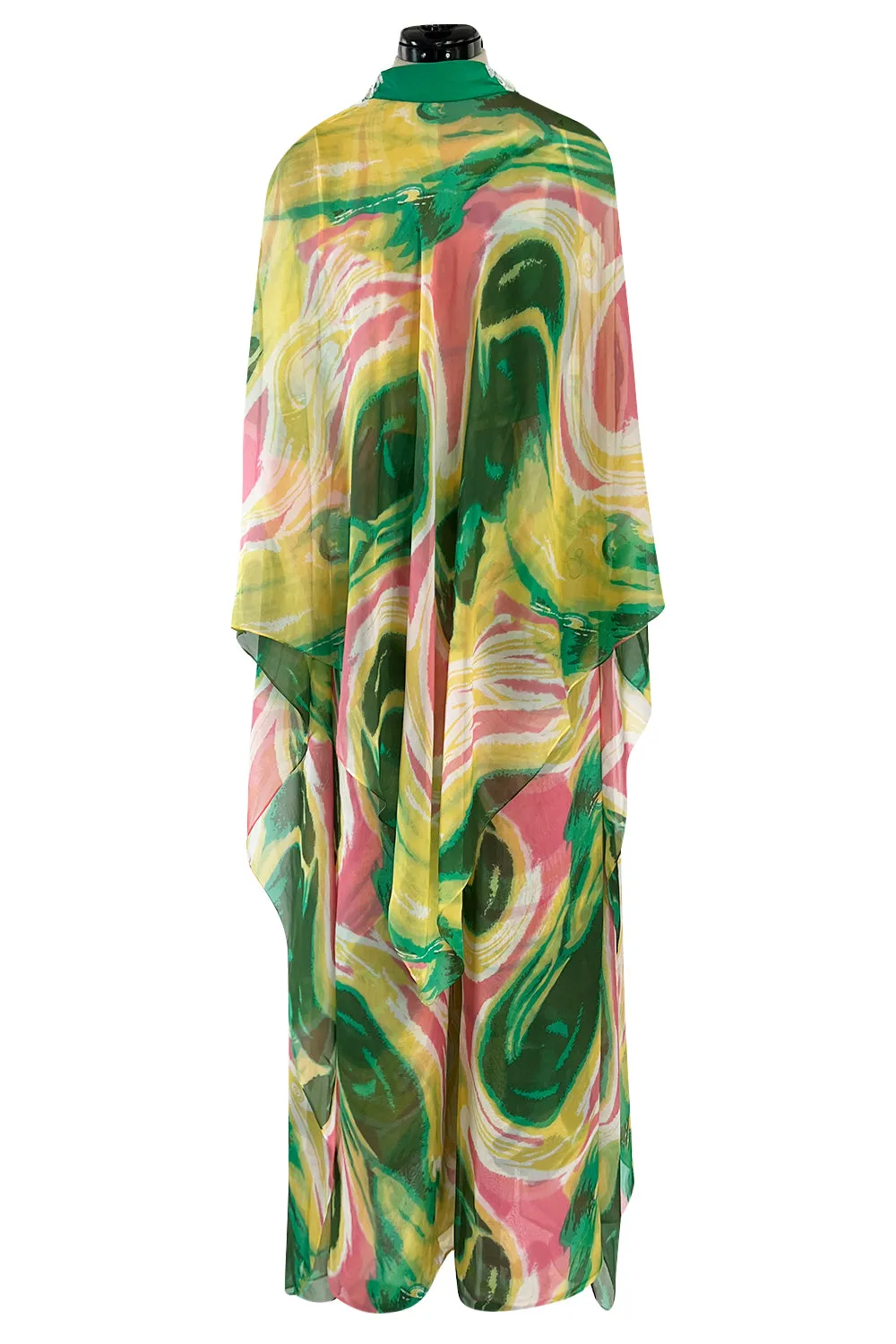 More Recent Unlabeled Vintage Flowing Silk Chiffon Jumpsuit in Pinks & Greens