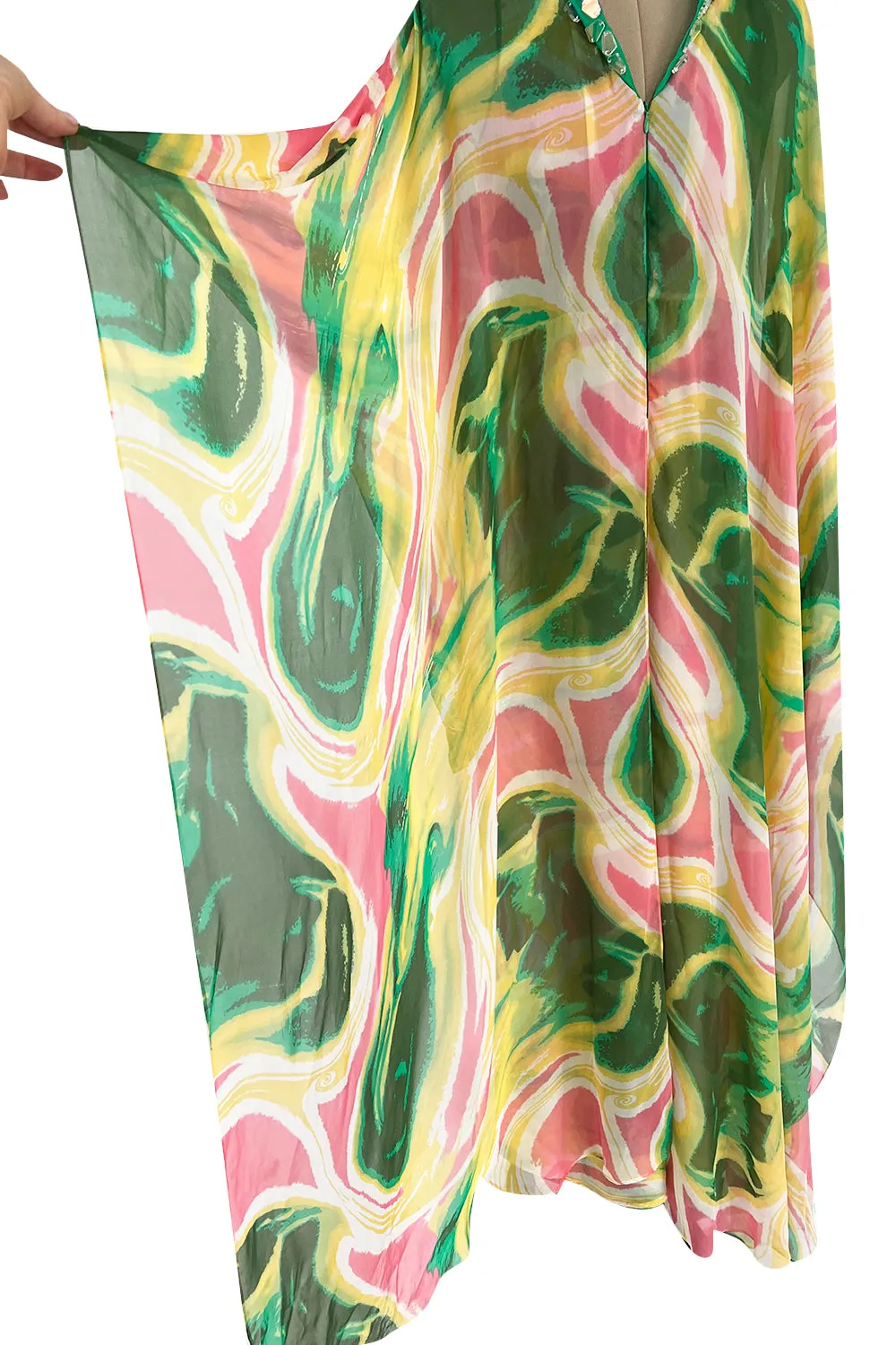 More Recent Unlabeled Vintage Flowing Silk Chiffon Jumpsuit in Pinks & Greens