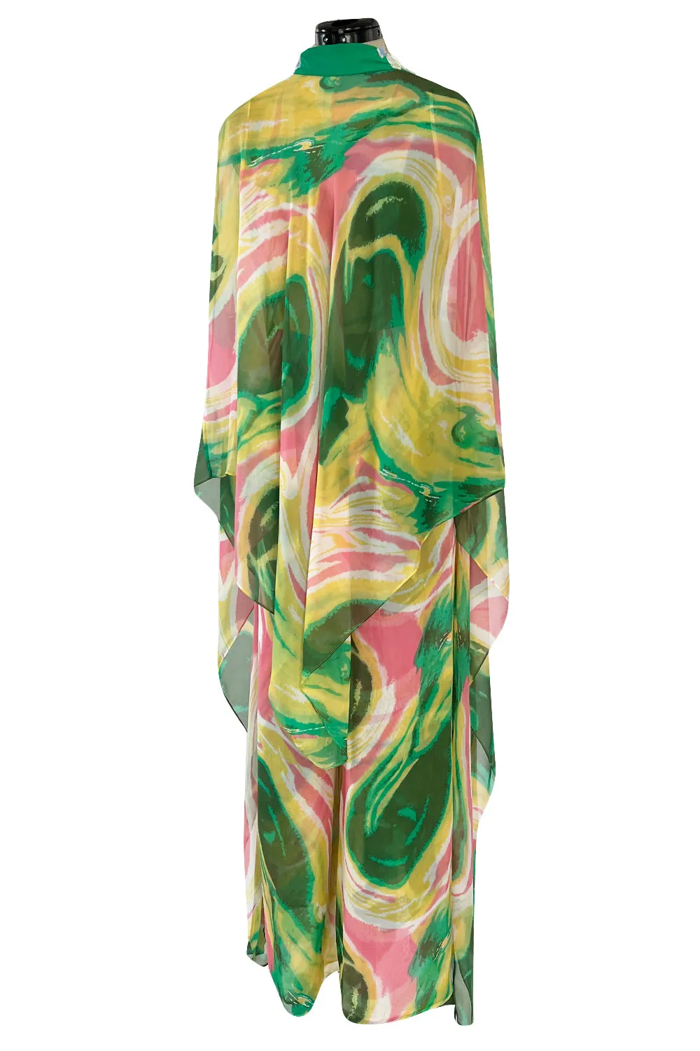 More Recent Unlabeled Vintage Flowing Silk Chiffon Jumpsuit in Pinks & Greens