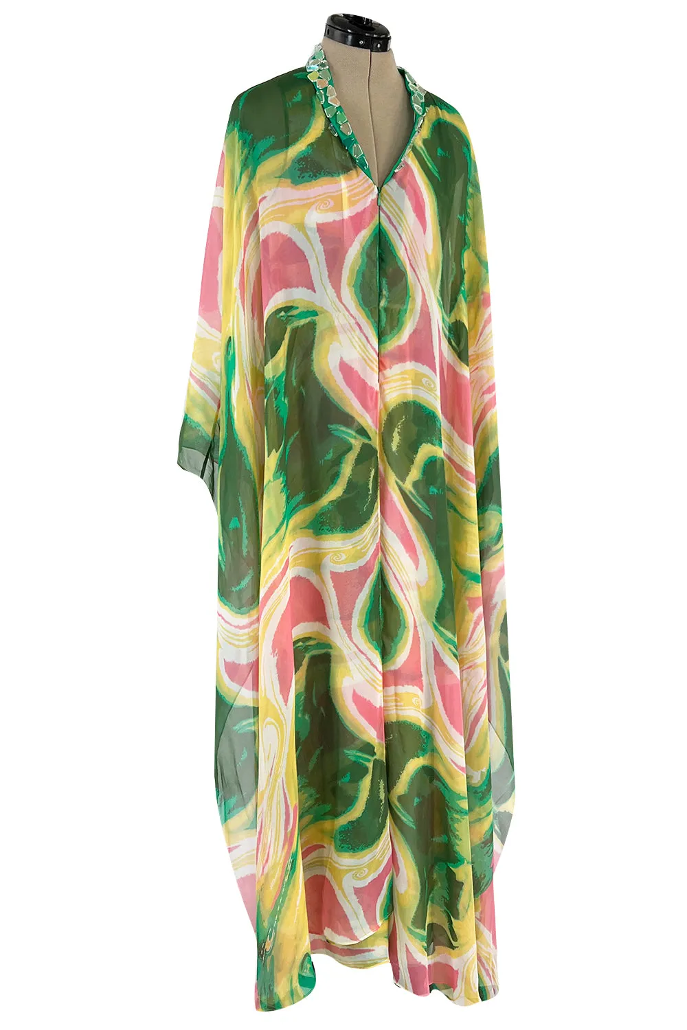 More Recent Unlabeled Vintage Flowing Silk Chiffon Jumpsuit in Pinks & Greens