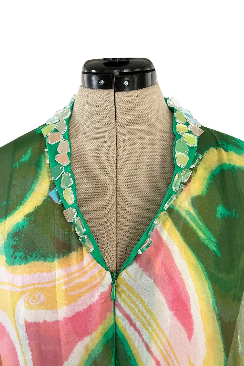 More Recent Unlabeled Vintage Flowing Silk Chiffon Jumpsuit in Pinks & Greens