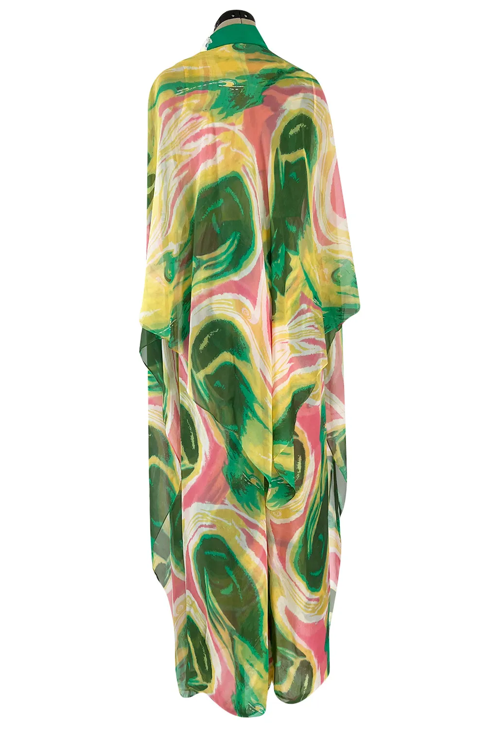 More Recent Unlabeled Vintage Flowing Silk Chiffon Jumpsuit in Pinks & Greens