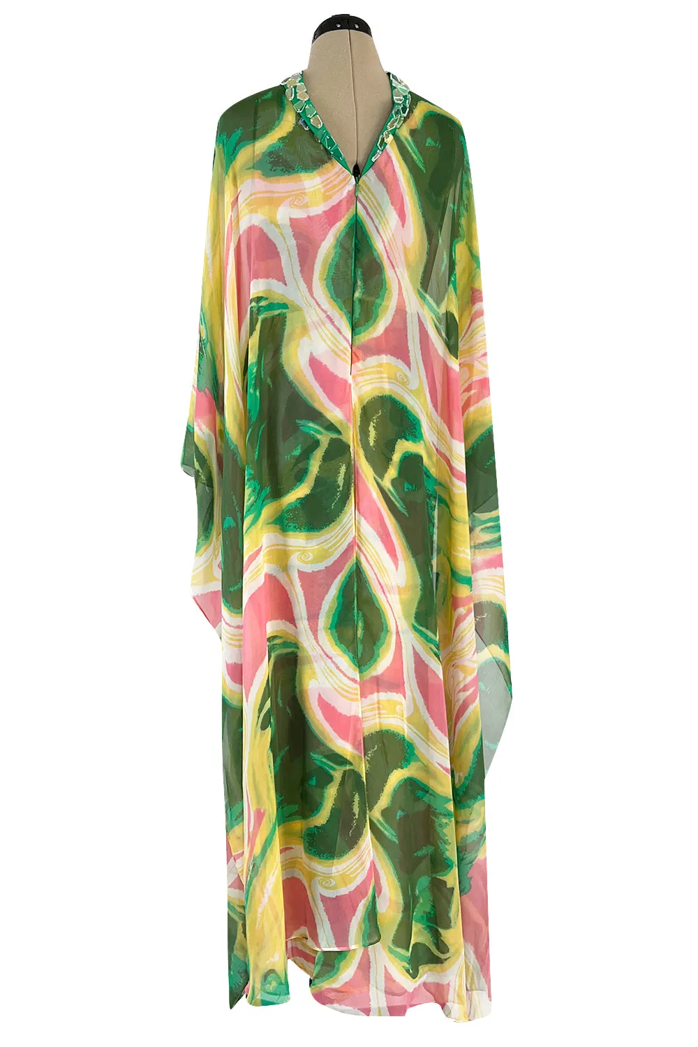 More Recent Unlabeled Vintage Flowing Silk Chiffon Jumpsuit in Pinks & Greens
