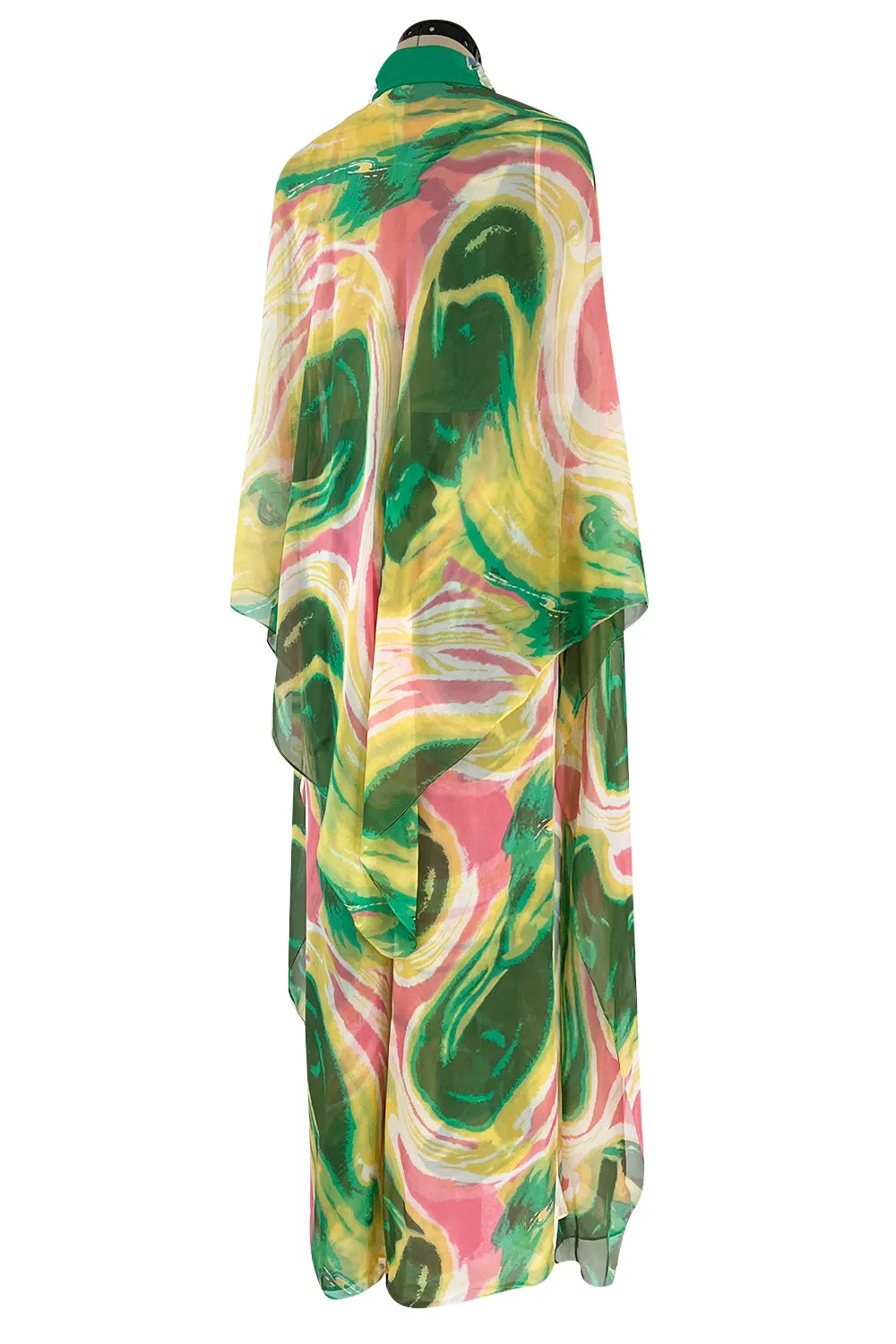More Recent Unlabeled Vintage Flowing Silk Chiffon Jumpsuit in Pinks & Greens