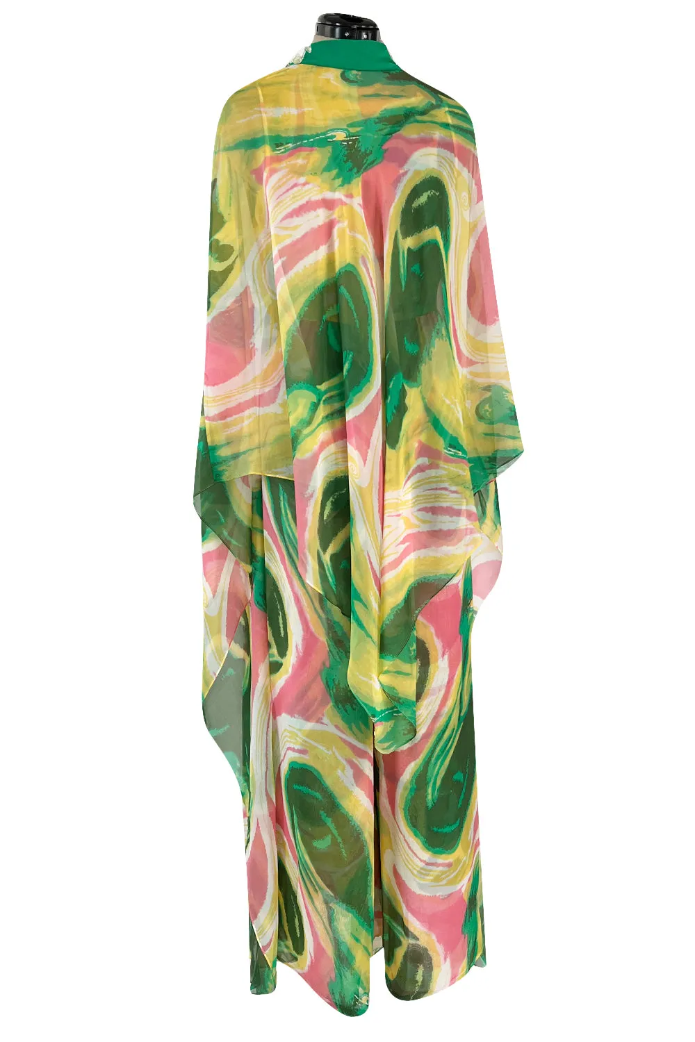 More Recent Unlabeled Vintage Flowing Silk Chiffon Jumpsuit in Pinks & Greens