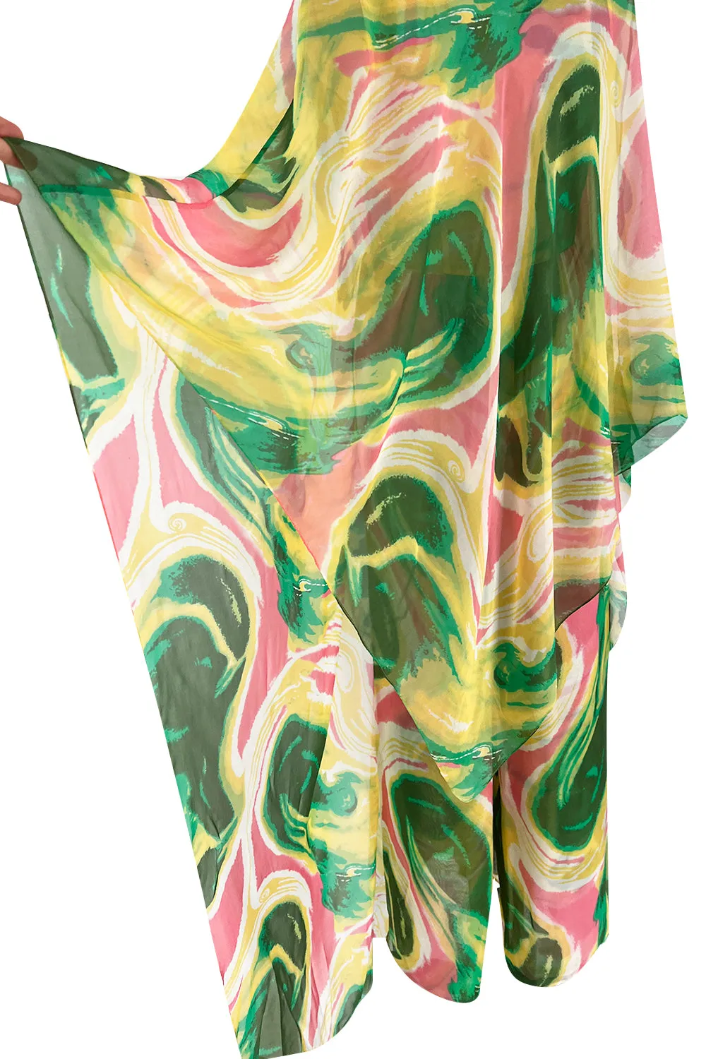 More Recent Unlabeled Vintage Flowing Silk Chiffon Jumpsuit in Pinks & Greens