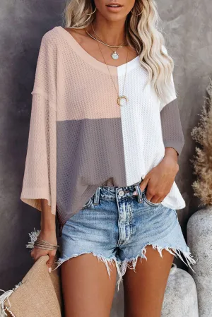 Multicolor Waffle Colorblock Long Sleeve Oversized Top