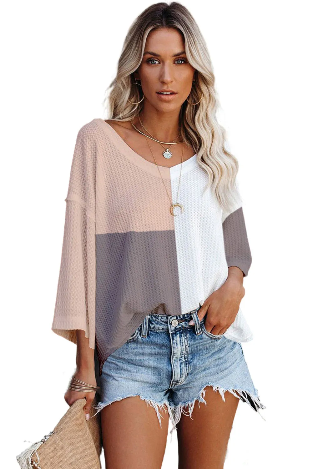 Multicolor Waffle Colorblock Long Sleeve Oversized Top