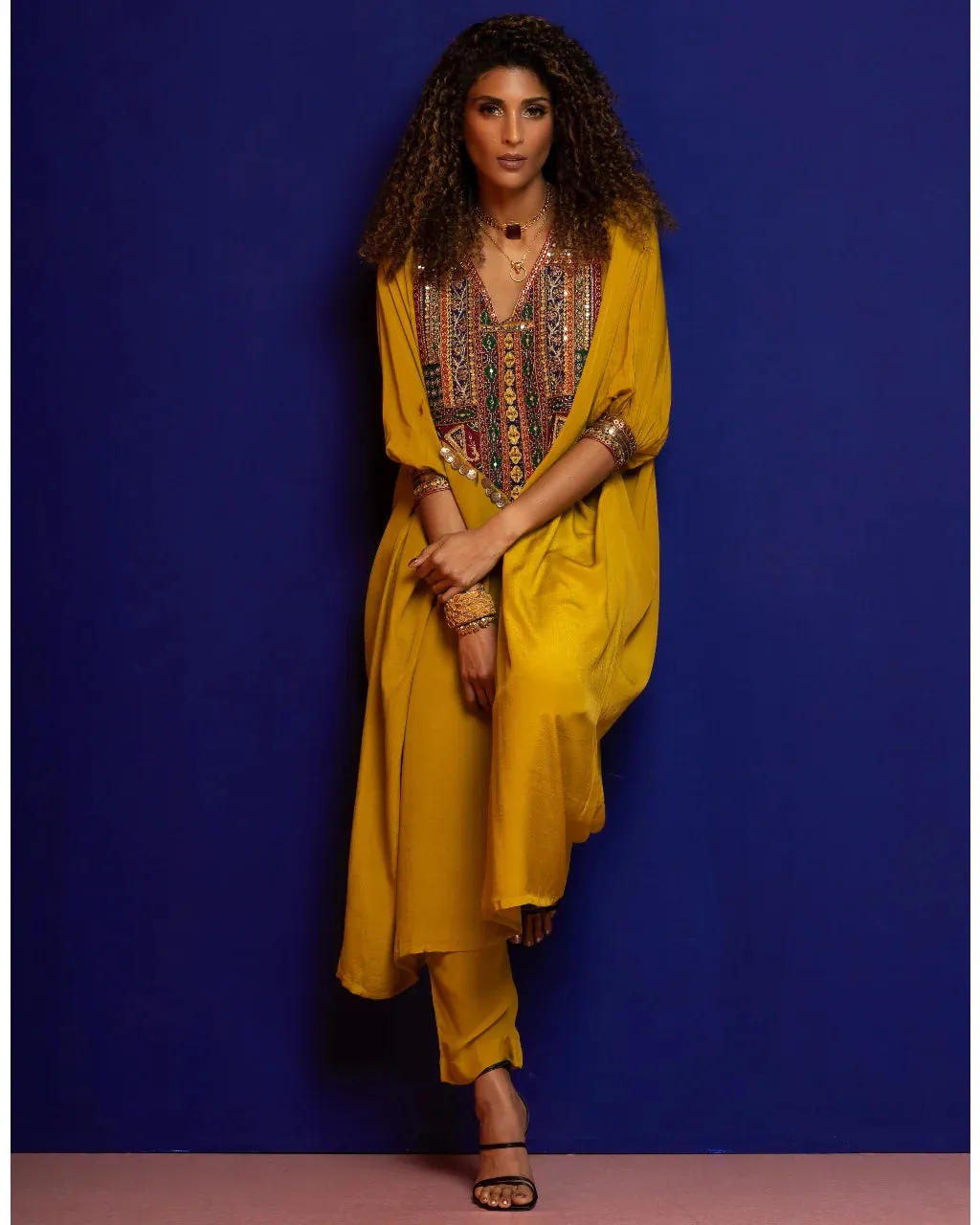Mustard Embroidered Kaftan Kurta Set