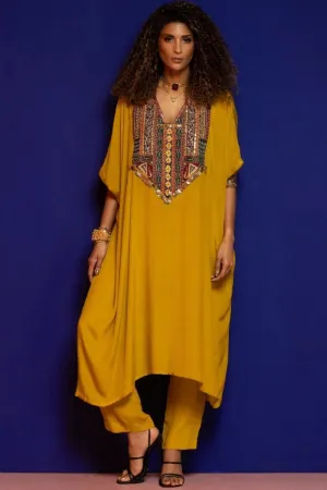 Mustard Embroidered Kaftan Kurta Set
